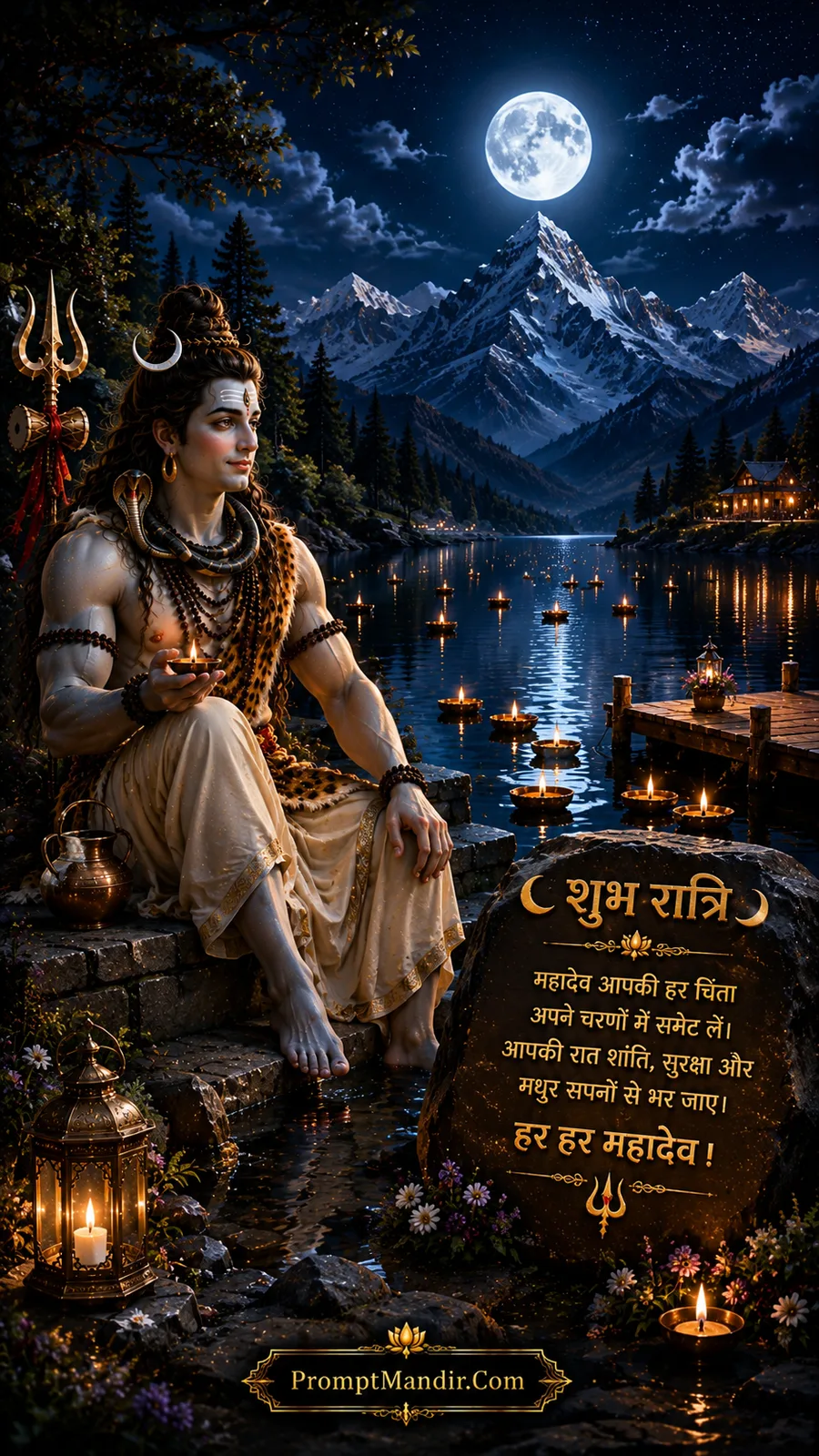 Lord Shiva sitting on stone steps by a serene lake at night, holding a lit diya, with a full moon and floating lamps, and a Shubh Ratri message