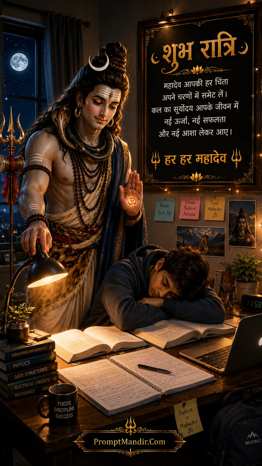 Lord Shiva blessing a sleeping student at his study desk, with books, a laptop, and a Shubh Ratri message on the wall