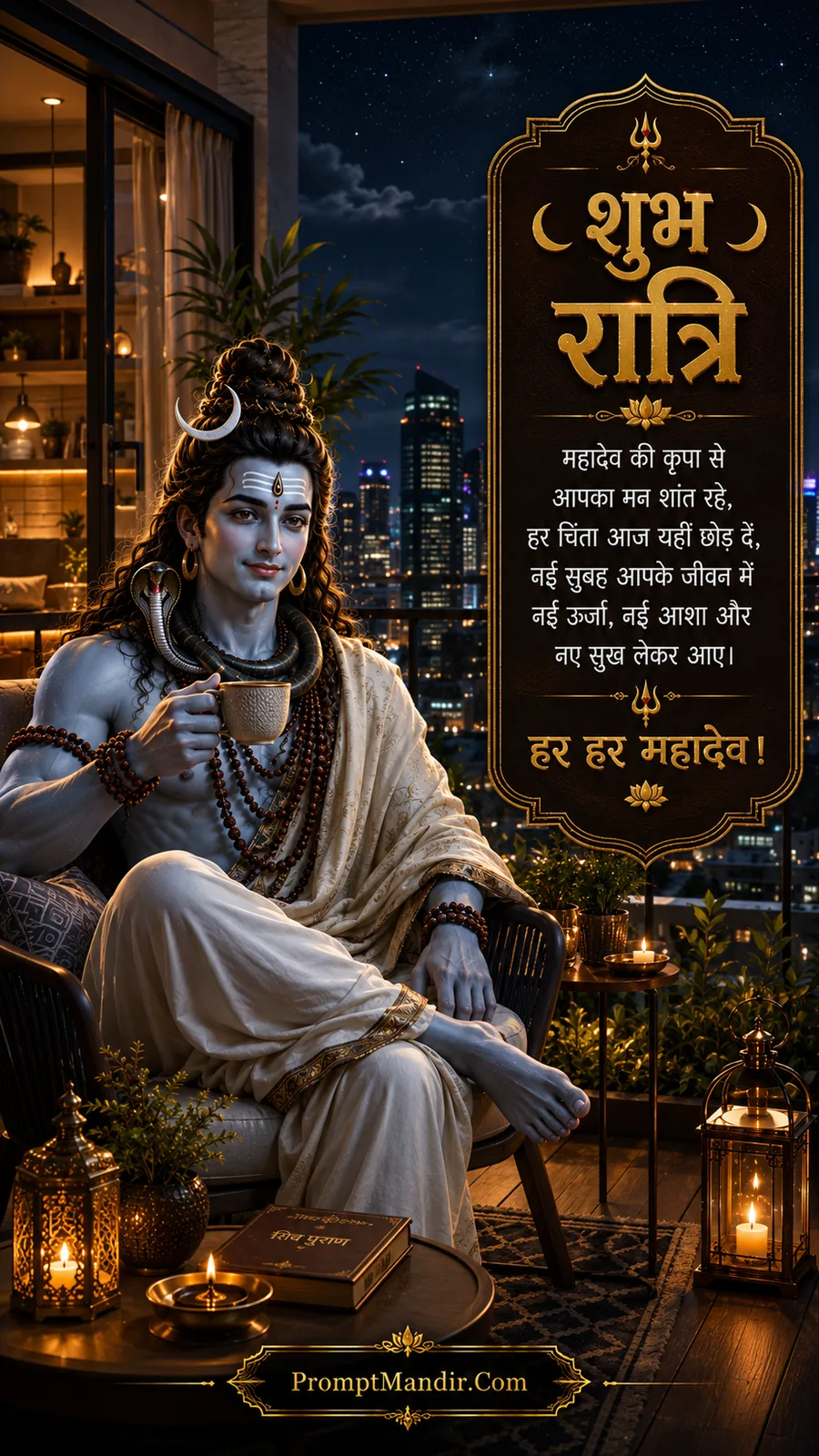Lord Shiva sitting in a modern balcony chair at night, holding a cup of tea, with a city skyline behind him and a Shubh Ratri message