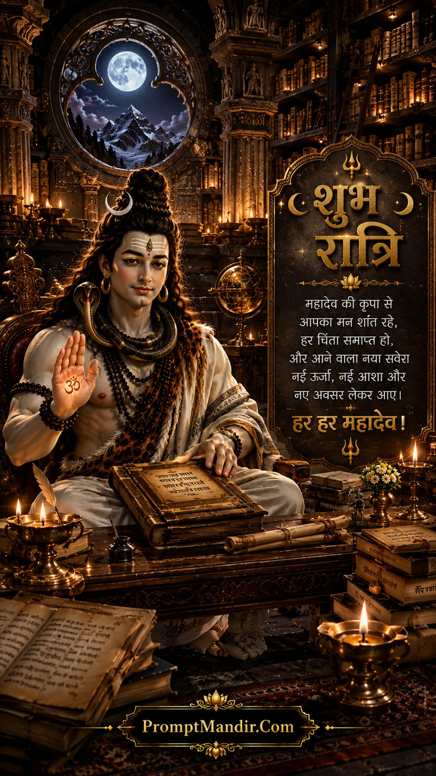 Lord Shiva sitting in a grand ancient library at night, blessing with one hand, surrounded by old books and a Shubh Ratri message