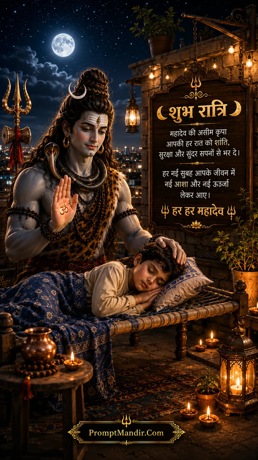 Lord Shiva blessing a sleeping child on a traditional rooftop cot at night, with a full moon and a Shubh Ratri sign