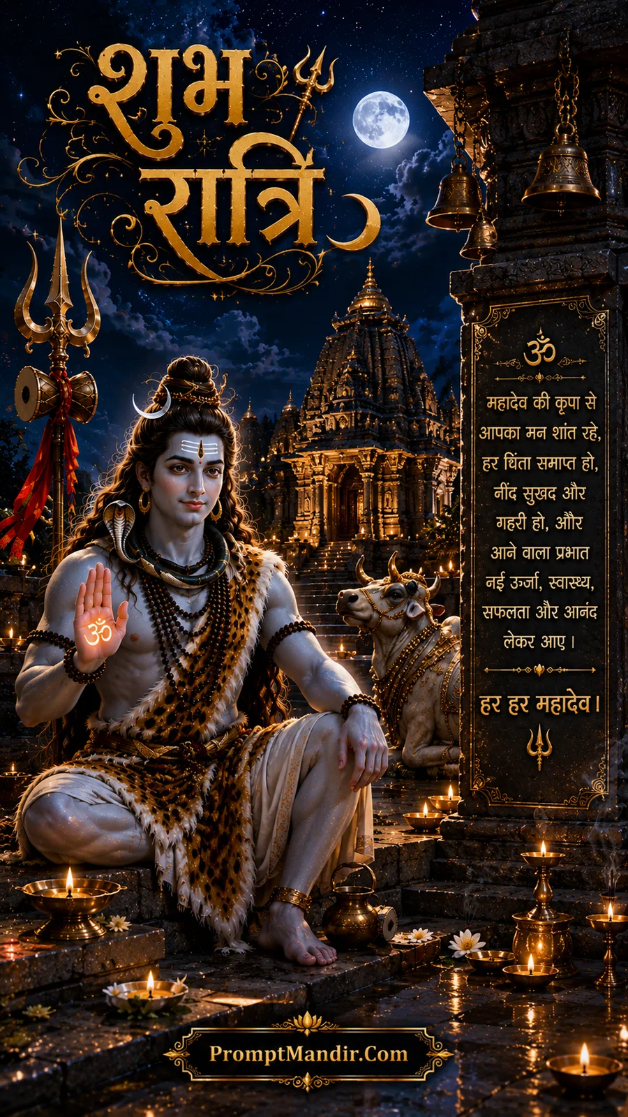 Lord Shiva sitting on the steps of a grand temple at night, blessing with a full moon, Nandi, and a Shubh Ratri message