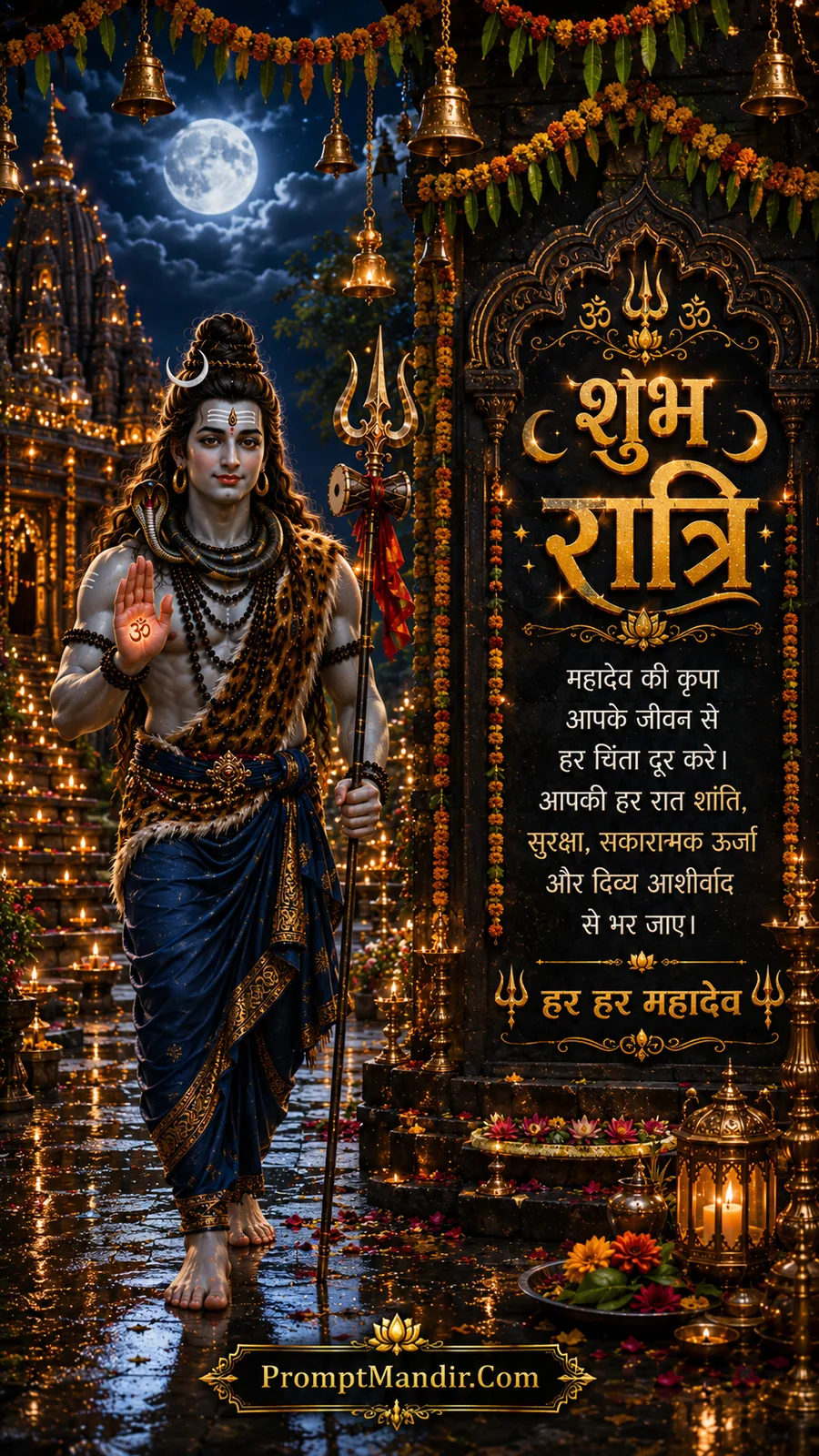 Lord Shiva standing on wet temple steps at night, blessing with his hand, surrounded by lit diyas, bells, and a Shubh Ratri message