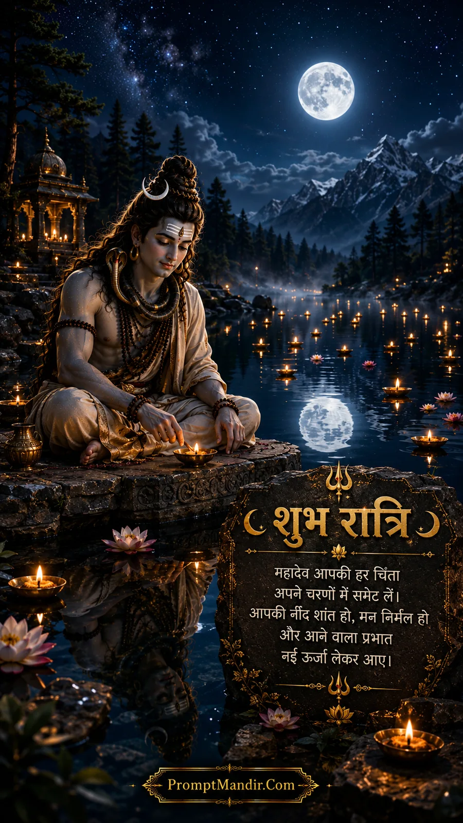 Lord Shiva sitting by a calm lake at night, lighting a diya, with floating lamps and a full moon reflecting on the water, and a Shubh Ratri message