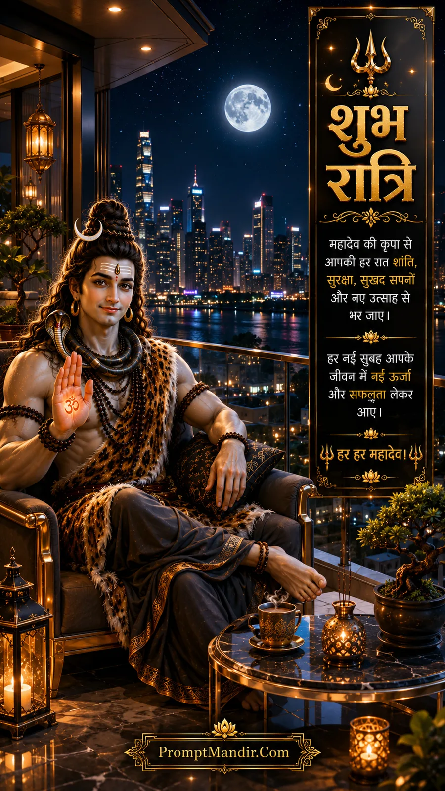 Lord Shiva sitting on a luxury balcony overlooking a city skyline at night, holding a cup of tea, with a Shubh Ratri message
