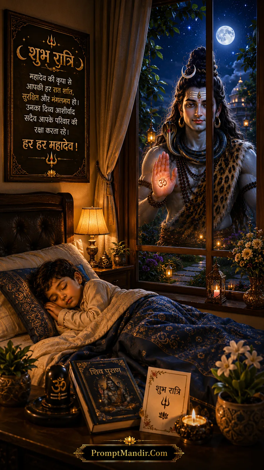 Lord Shiva standing outside a child's bedroom window at night, blessing the sleeping child, with a Shubh Ratri message inside