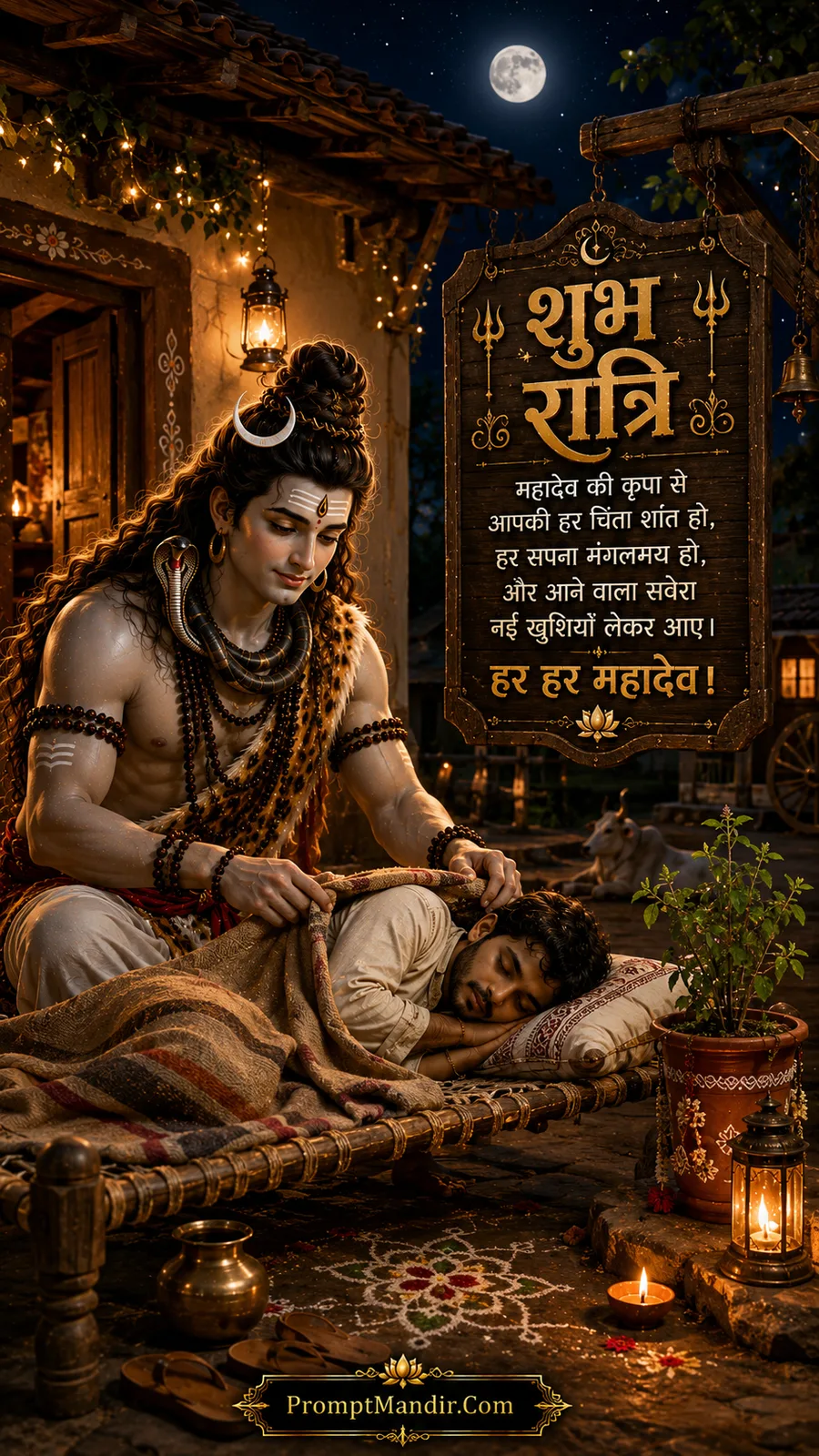 Lord Shiva sitting on a traditional village cot at night, tucking a sleeping young man under a blanket, with a Shubh Ratri message