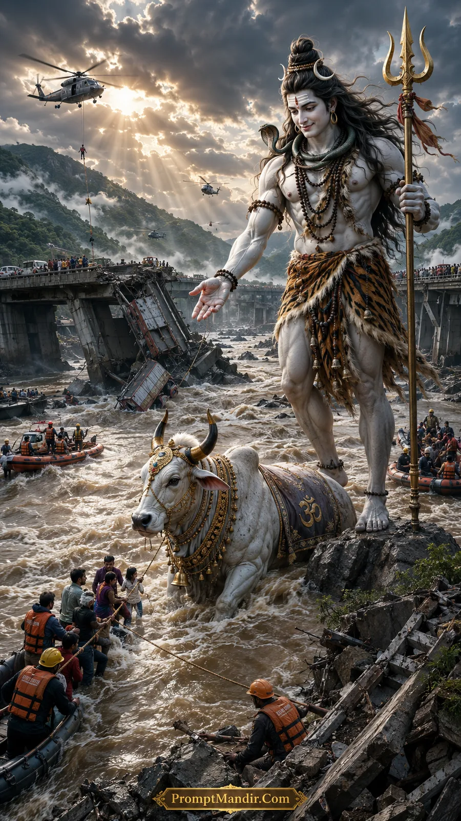 Giant Lord Shiva standing amidst a devastating flood, extending his hand to rescue people from the raging waters with helicopters and rescue boats