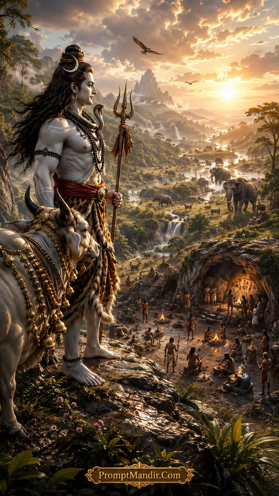 Lord Shiva standing on a cliff with Nandi, watching over a primitive tribal settlement and wildlife in a lush valley