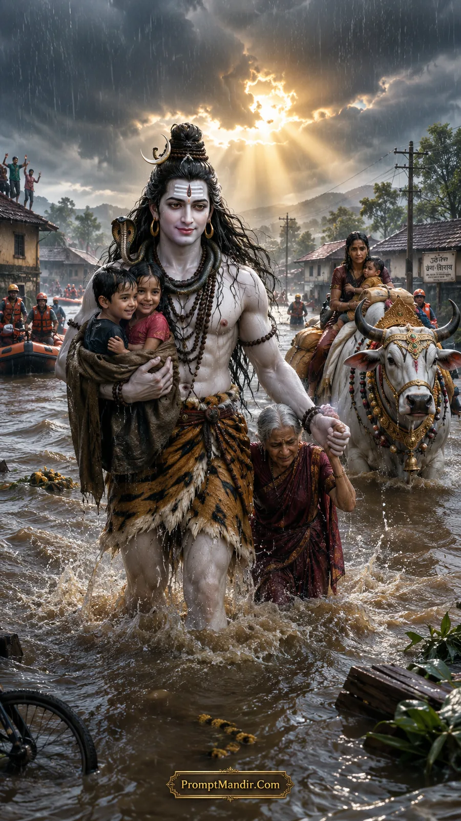 Lord Shiva wading through floodwaters, carrying two children in his arms while holding an elderly woman's hand, rescuing them from a submerged village