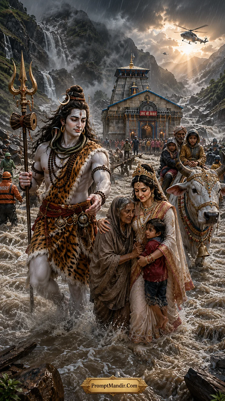 Lord Shiva and Goddess Parvati leading a rescue effort at a flooded Kedarnath temple, guiding survivors and helping the elderly and children