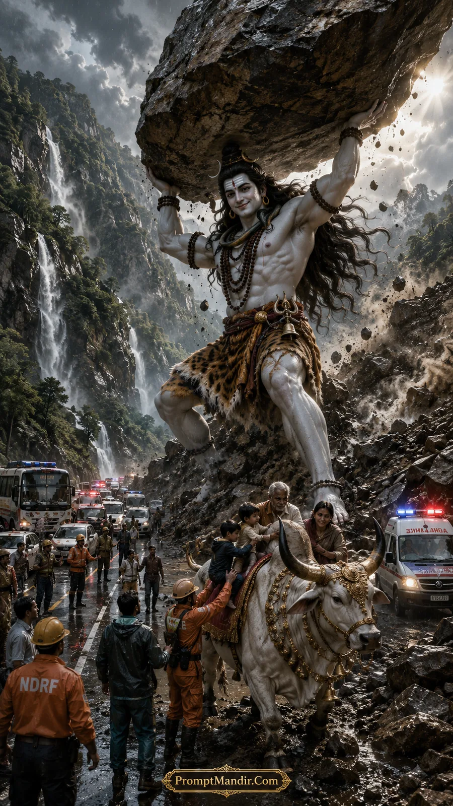 Giant Lord Shiva lifting a massive boulder to clear a blocked road, allowing people and emergency vehicles to pass through a landslide area
