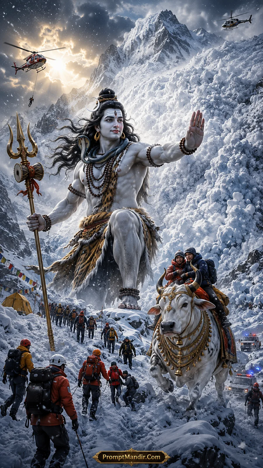 Giant Lord Shiva standing in a snowy Himalayan pass, raising his hand to stop a blizzard and guide stranded trekkers to safety