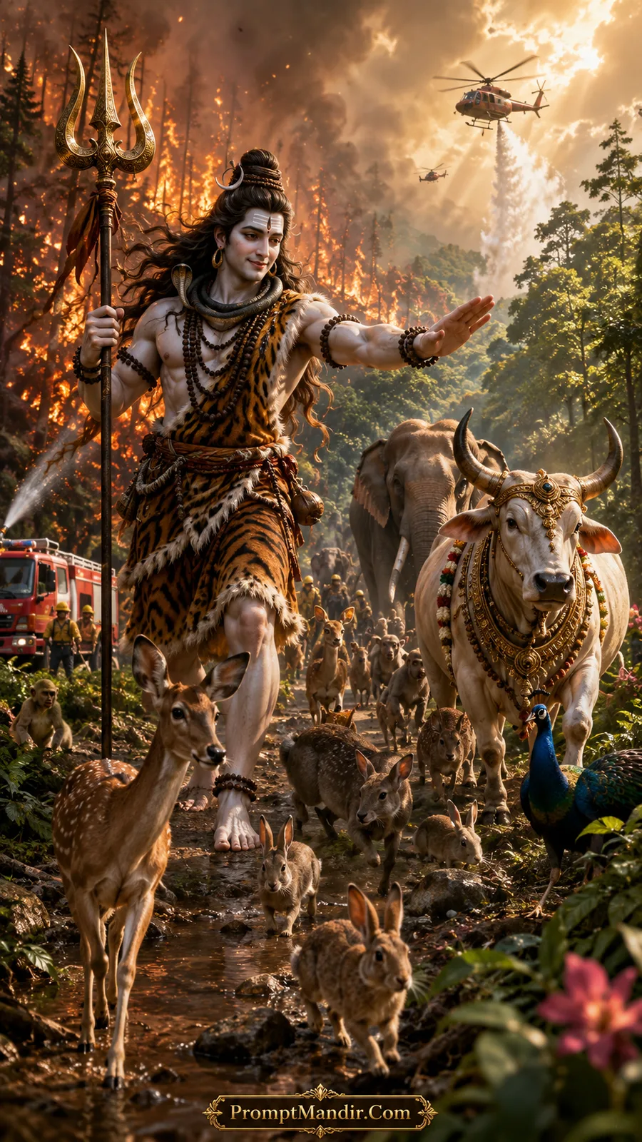 Lord Shiva leading animals and rescue teams out of a raging forest fire, with Nandi, deer, rabbits, and an elephant following him