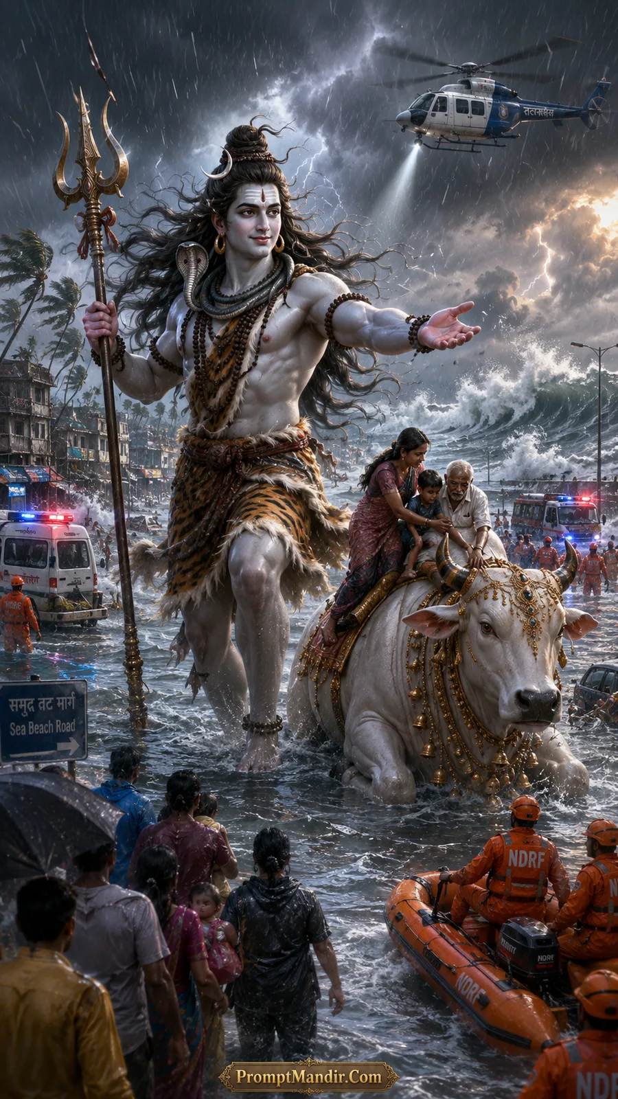 Giant Lord Shiva standing in a flooded coastal city during a cyclone, guiding people to safety with NDRF teams and helicopters