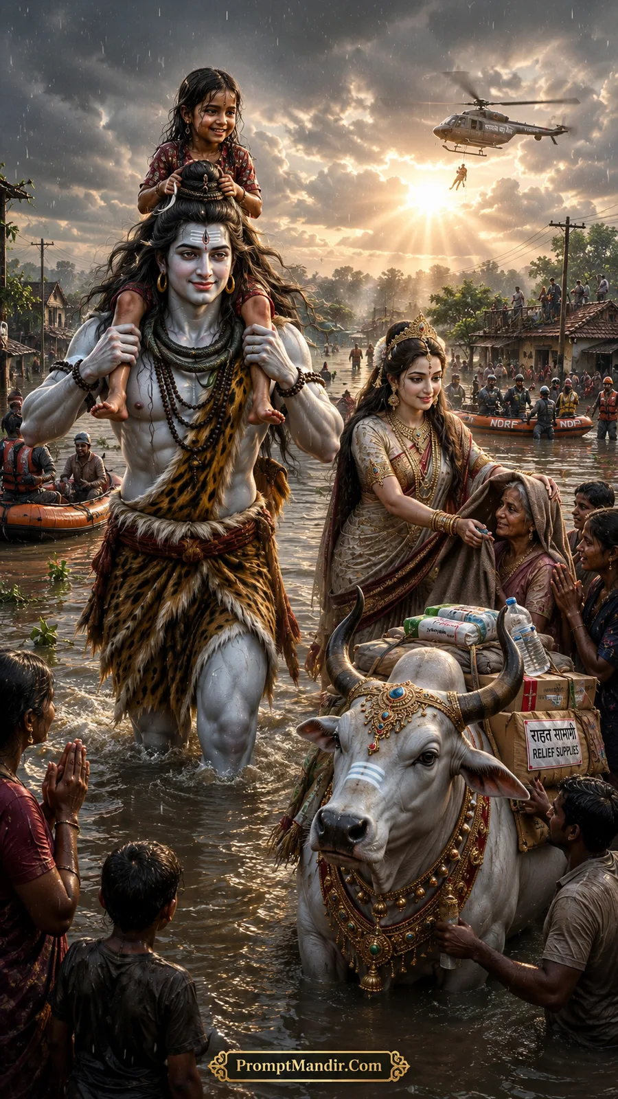 Lord Shiva carrying a child on his shoulders while Parvati comforts a woman and Nandi carries relief supplies in a flooded village