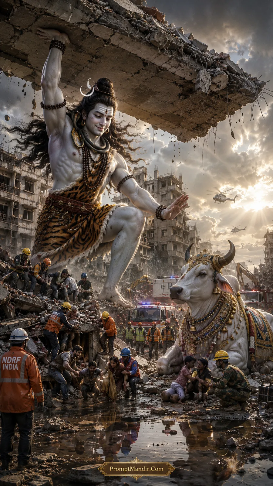 Giant Lord Shiva lifting a massive concrete slab from a collapsed building in an earthquake-struck city, with NDRF teams and Nandi assisting