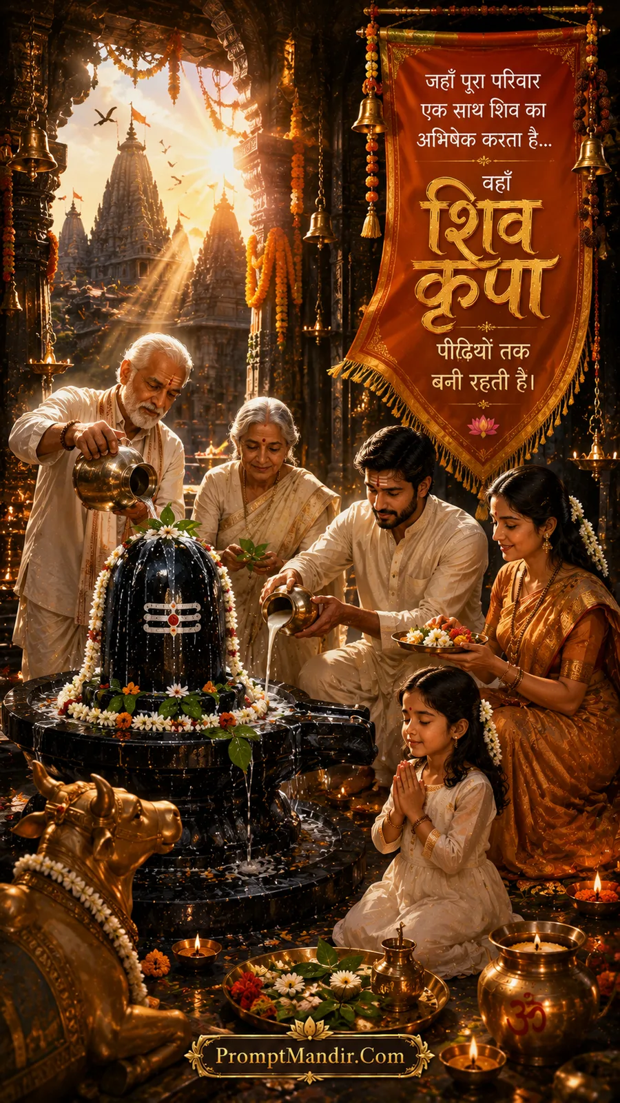 Family performing the sacred Abhishek of Lord Shiva's Shivling together in a sunlit temple courtyard
