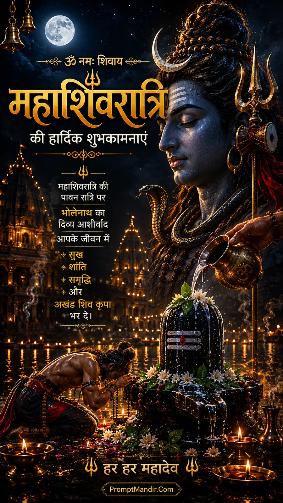 Majestic artwork of Lord Shiva's profile with a Shivling, a devotee offering prayers, and a temple under a full moon night
