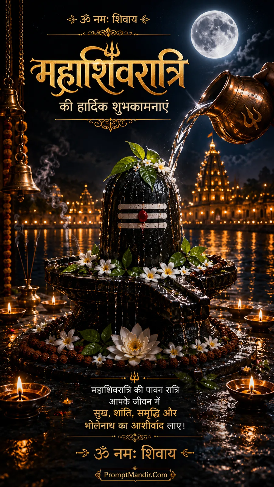 Close-up sacred scene of Abhishek being performed on a Shivling with water, white flowers, and a glowing full moon in the background