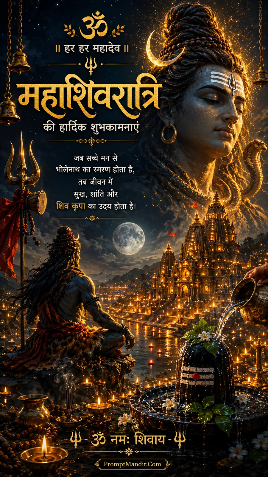 Powerful artwork of Lord Shiva in meditation on a riverbank, with a full moon and a glowing temple in the background