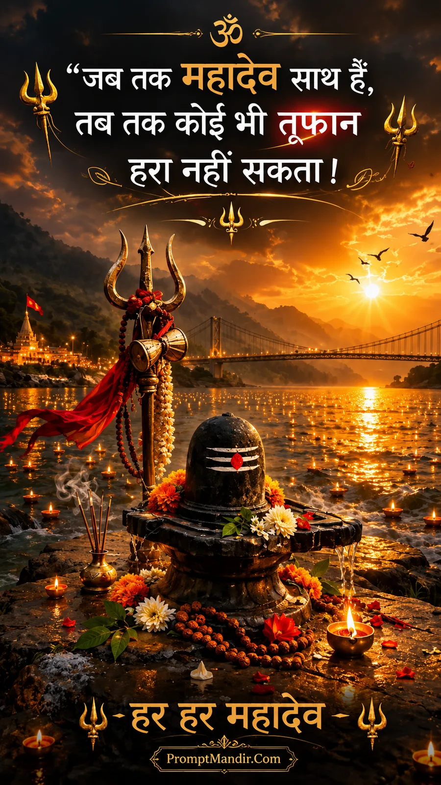 Inspirational scene of a Shivling by a river at sunset with the quote "Jab tak Mahadev saath hain, tab tak koi bhi tufaan hara nahi sakta"