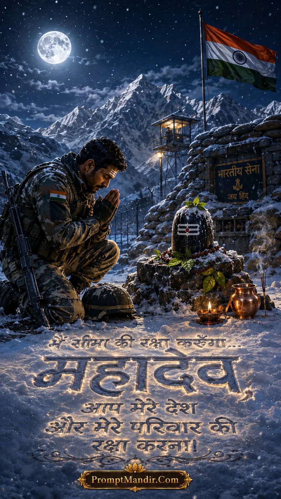 Emotional scene of an Indian soldier kneeling in prayer before a Shivling in a snowy border outpost, with the Indian flag in the background