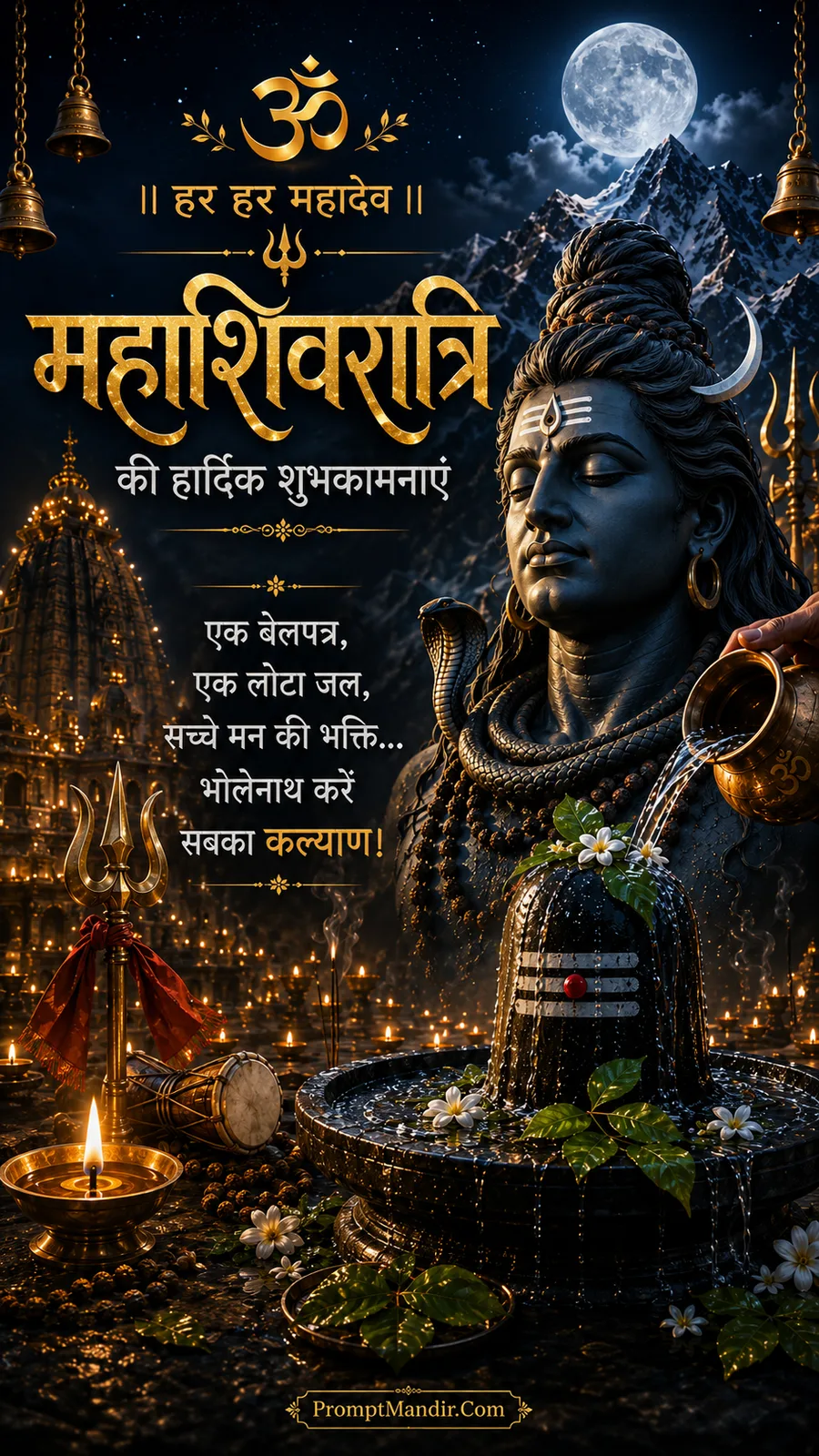 Divine artwork of Lord Shiva's face merged with the night sky, with Abhishek being performed on a Shivling