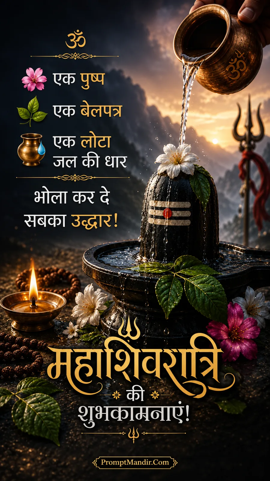 Devotional scene of a devotee performing Abhishek on a Shivling while Lord Shiva's giant form blesses from the background