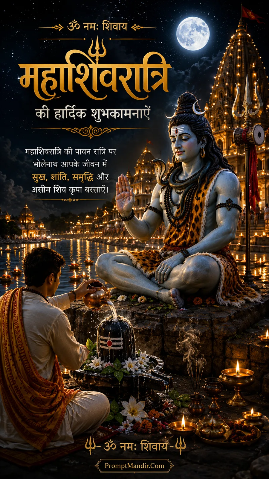 Sacred scene of a Shivling being bathed with water, symbolizing the simplicity of worship