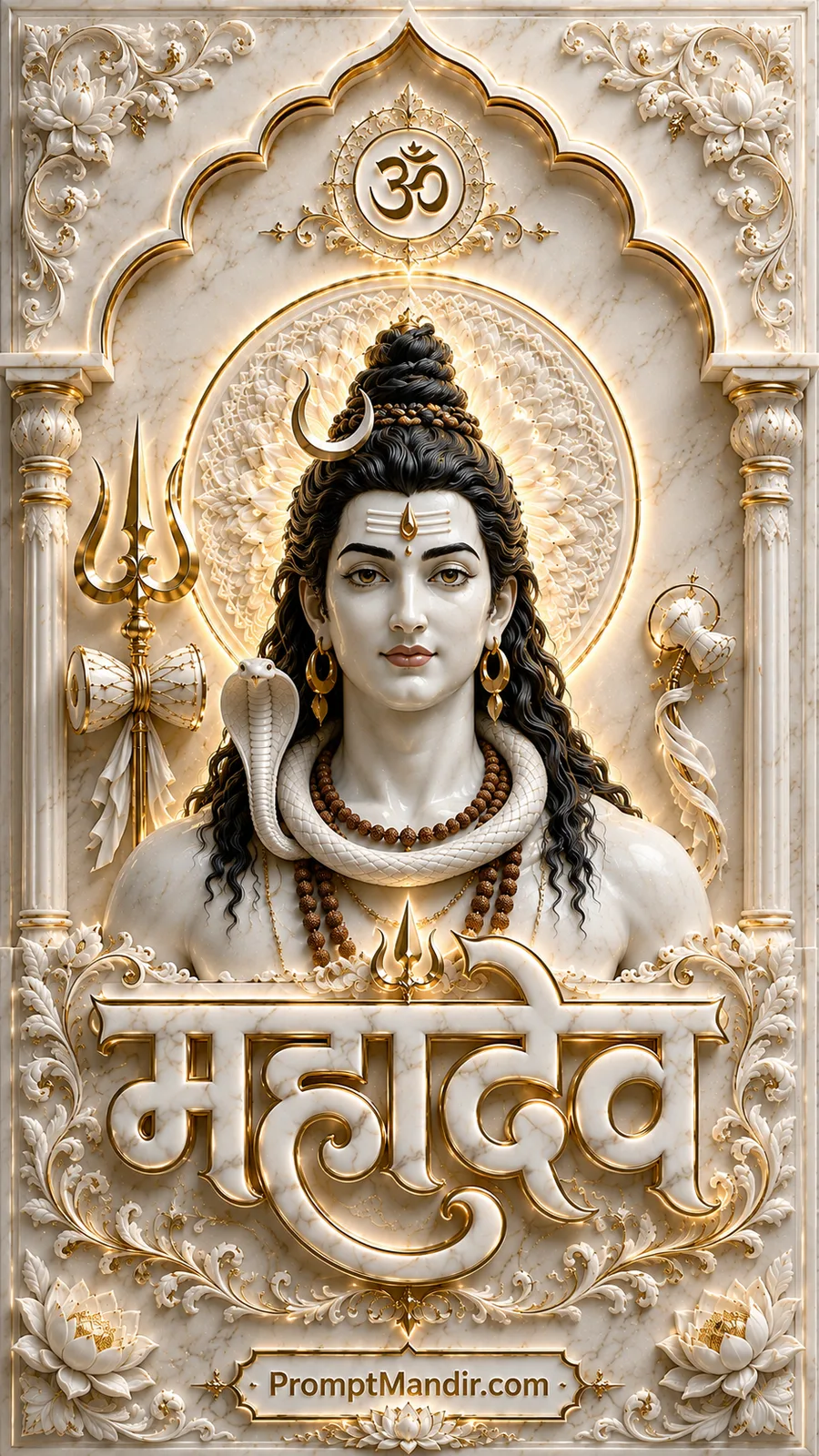 Divine 3D white marble relief of Lord Shiva with a crescent moon, Trishul, Damru, and white snake, featuring golden Mahadev text
