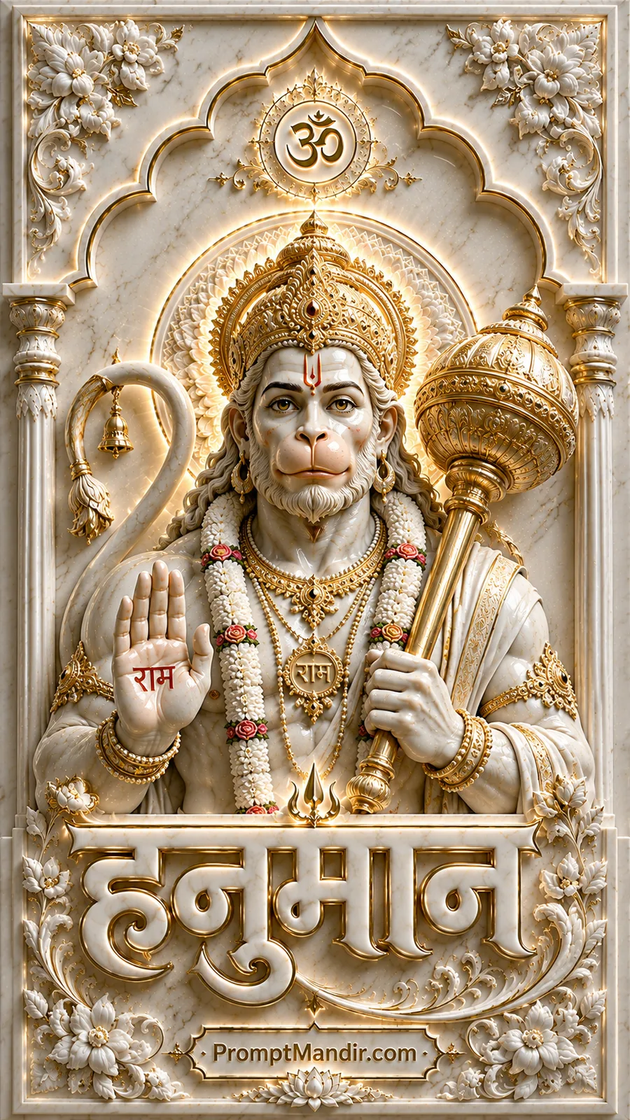 Divine 3D white marble relief of Lord Hanuman blessing, holding a golden Gada, with an Om symbol and golden Hanuman text