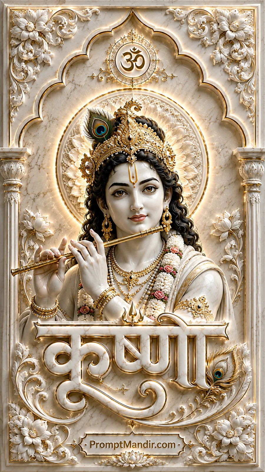 Divine 3D white marble relief of Lord Krishna playing a golden flute with a peacock feather crown and golden Krishna text