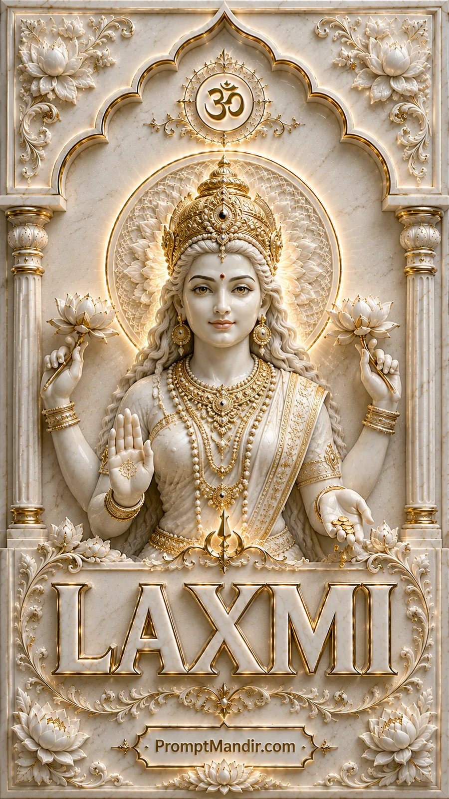 Divine 3D white marble relief of Goddess Lakshmi holding lotus flowers, showering gold coins, with a golden LAXMI inscription