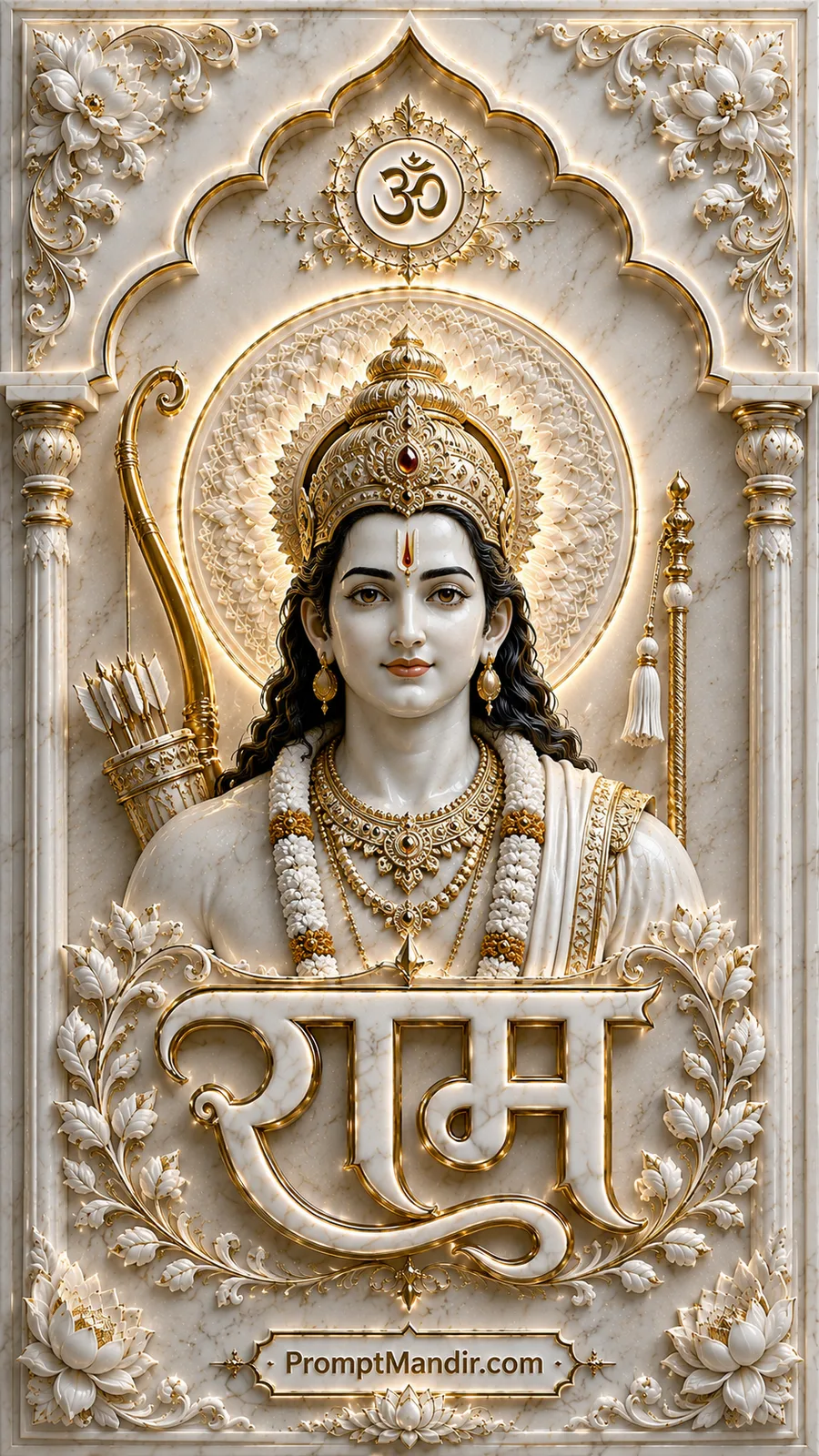 Divine 3D white marble relief of Lord Rama holding a golden bow and arrow, with a glowing Om symbol and golden Ram text