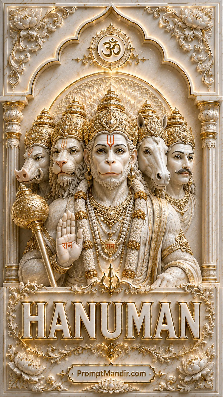 Divine 5-faced Panchmukhi Hanuman white marble 3D relief with a golden Gada and HANUMAN text