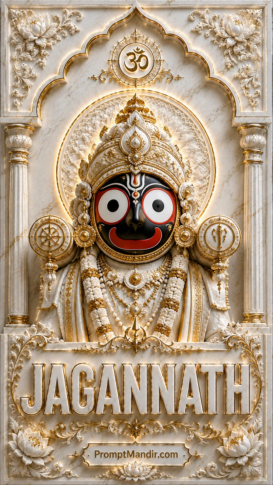 Divine 3D white marble relief of Lord Jagannath with large circular eyes, a golden crown, and the JAGANNATH text