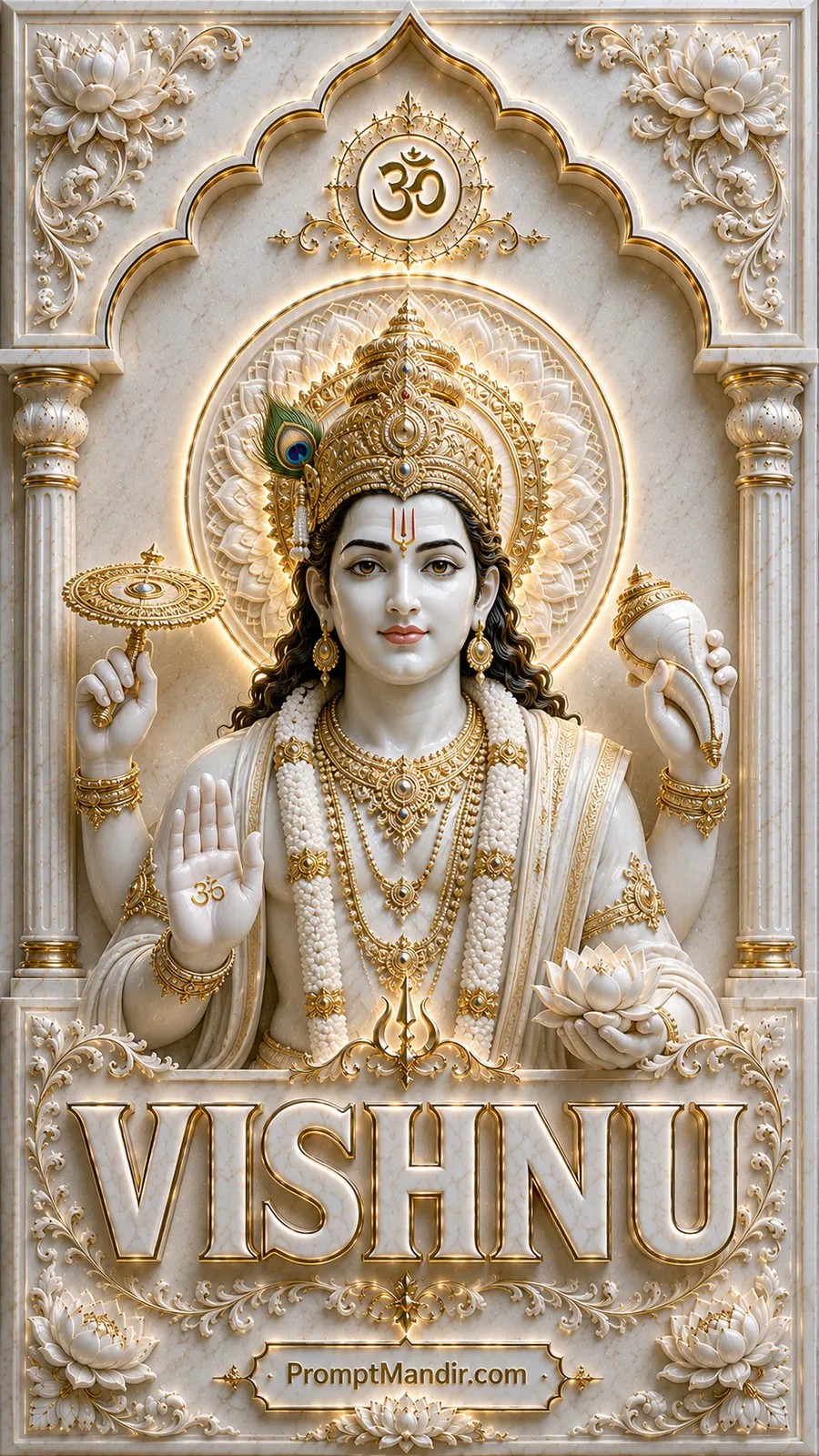 Divine 3D white marble relief of Lord Vishnu holding a Chakra, Shankha, and Lotus with the golden VISHNU text