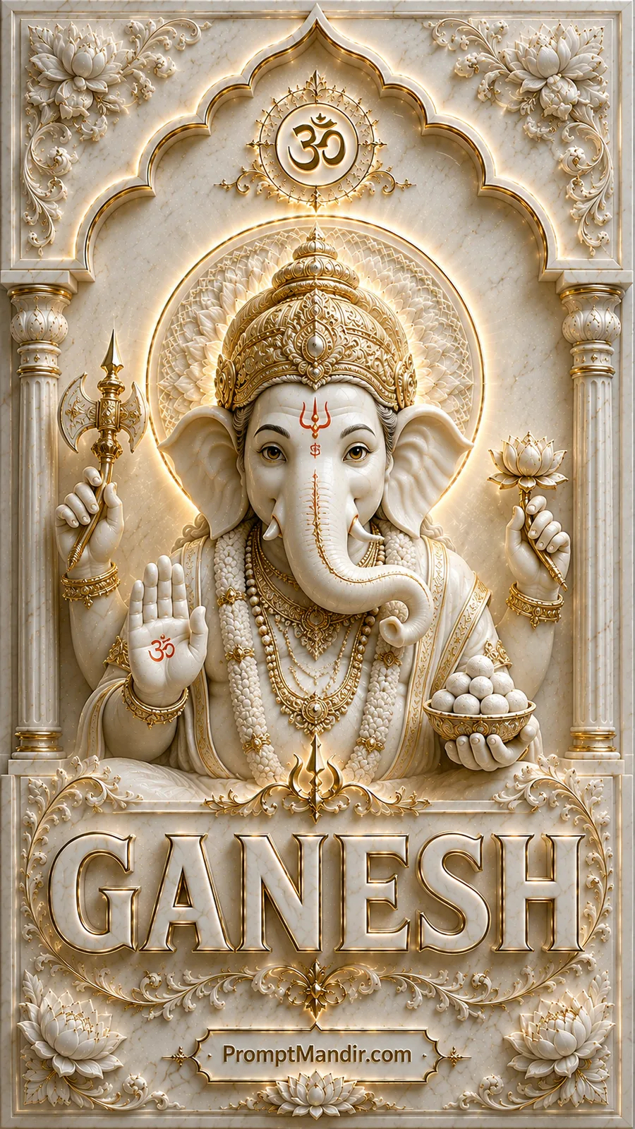 Divine 3D white marble relief of Lord Ganesha holding an axe, lotus, and sweets with the golden GANESH text