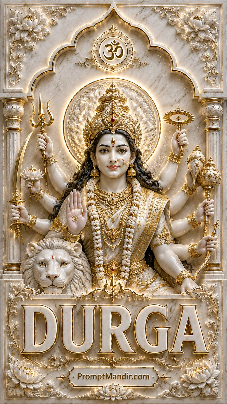 Divine 3D white marble relief of Goddess Durga with eight arms, a lion, and divine weapons, with the golden DURGA text