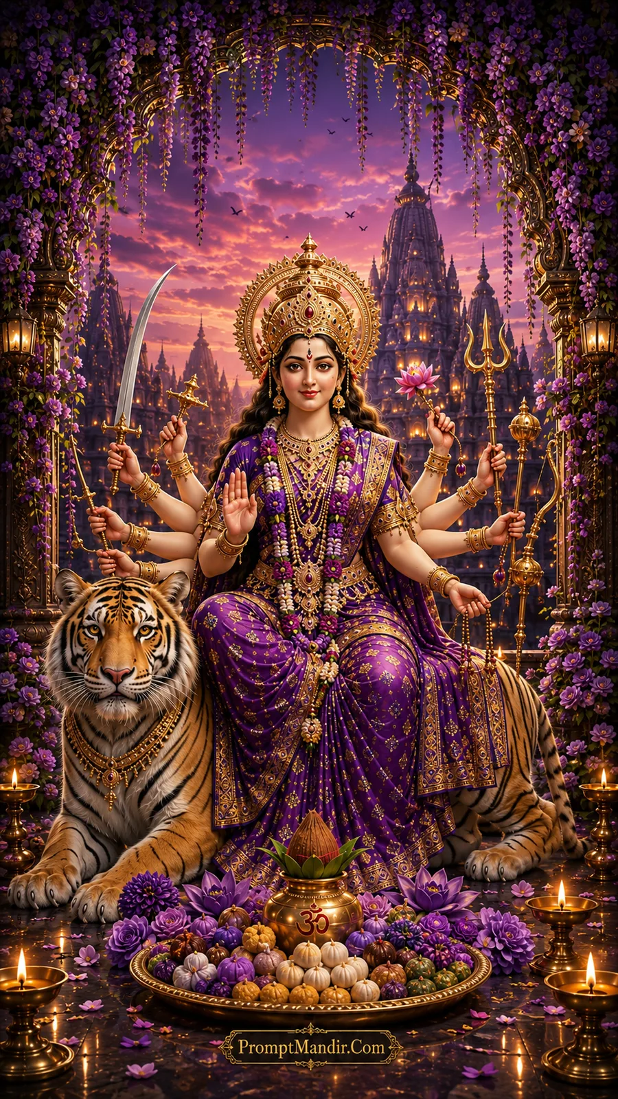 Goddess Durga seated on a tiger in a purple temple archway with eight arms holding a sword, trident, lotus, rosary, and offering blessings