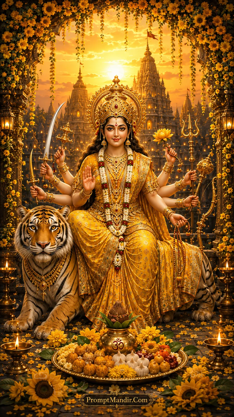 Goddess Durga seated on a tiger in a golden yellow temple archway with eight arms holding divine weapons and offering blessings