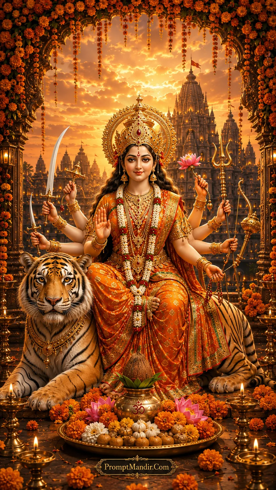 Goddess Durga seated on a tiger in a vibrant orange temple archway with eight arms and a trident, offering blessings