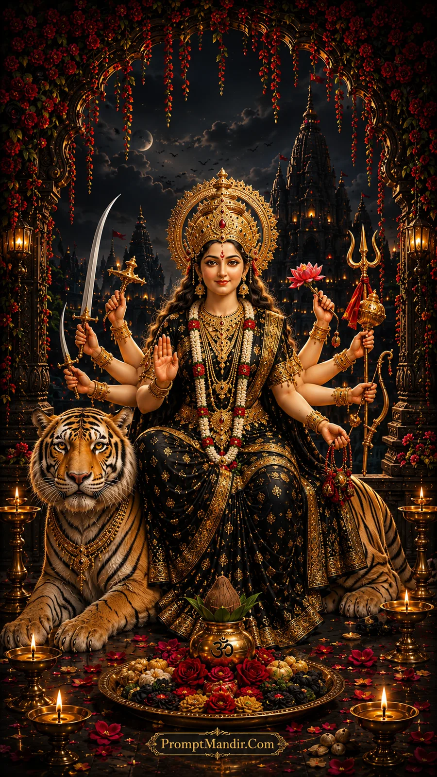 Goddess Durga seated on a tiger in a black and gold temple archway at night with a crescent moon, holding divine weapons