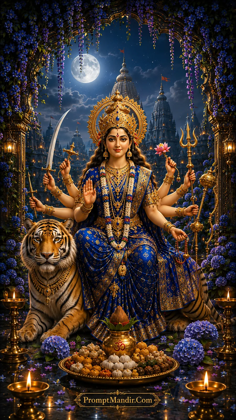 Goddess Durga seated on a tiger in a bright blue temple archway under a full moon, holding a sword, trident, and lotus