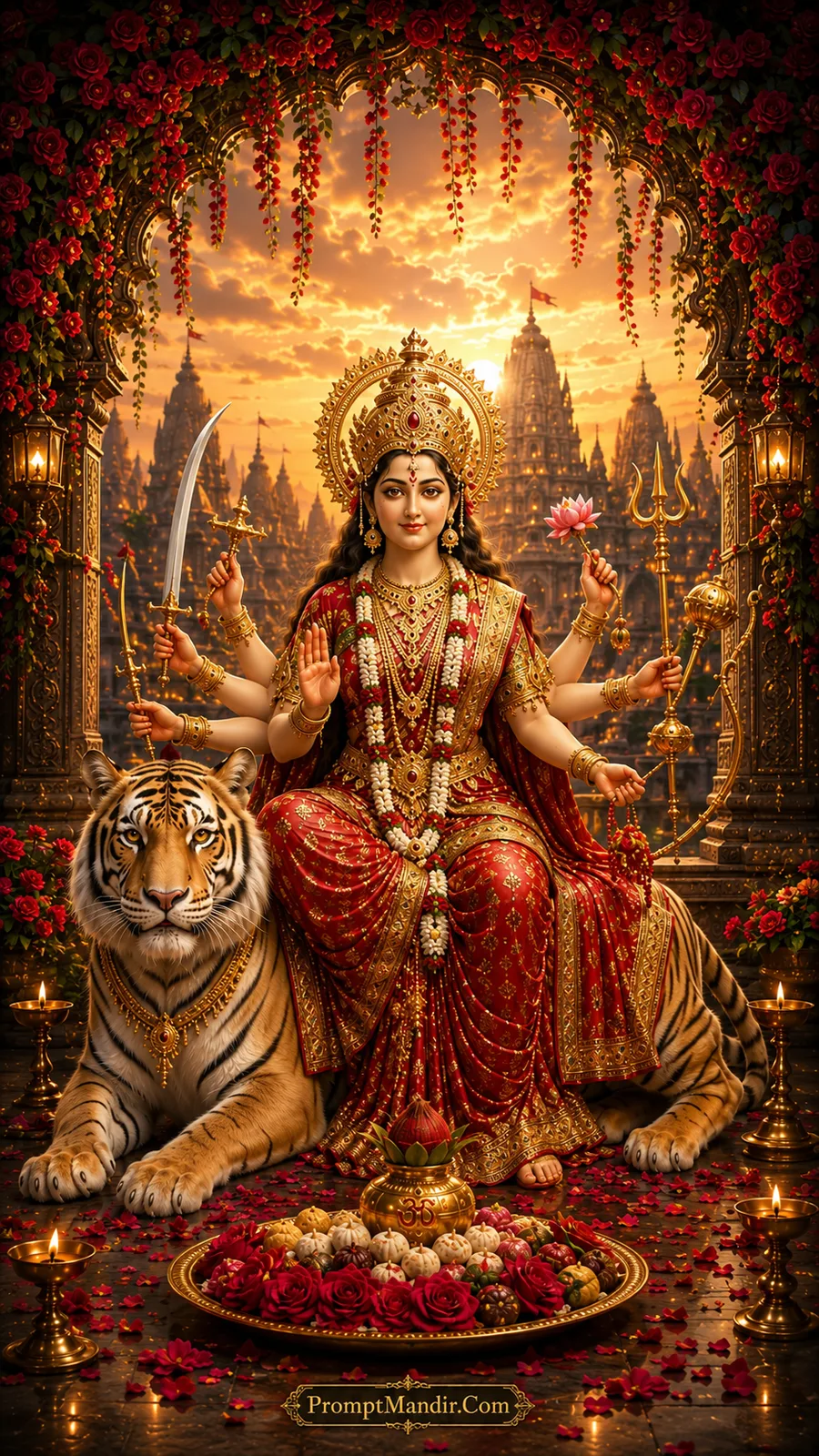 Goddess Durga seated on a tiger in a deep red temple archway at sunset, holding divine weapons and offering blessings