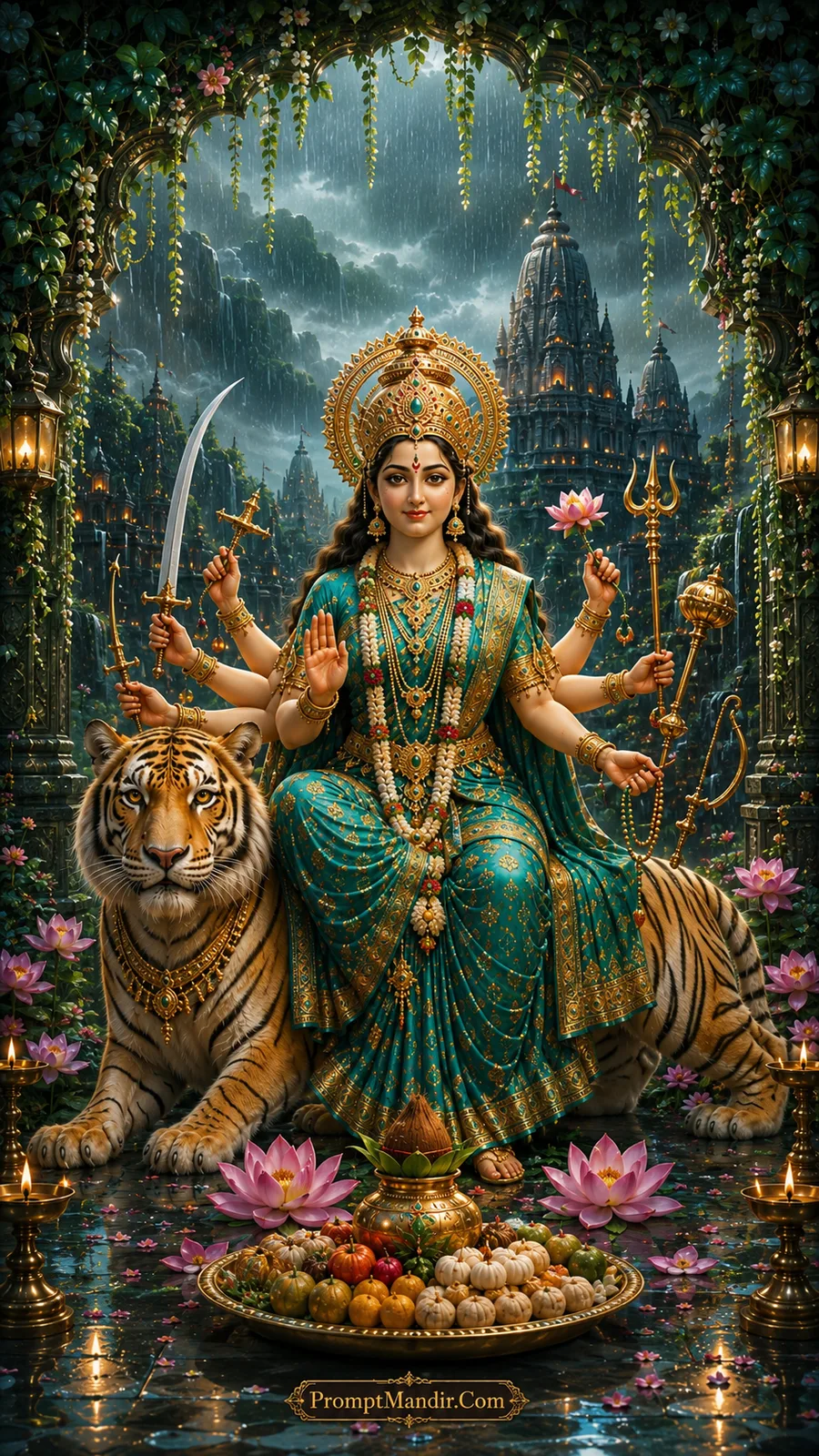 Goddess Durga seated on a tiger in a teal green temple archway during rain, holding a sword, trident, and lotus