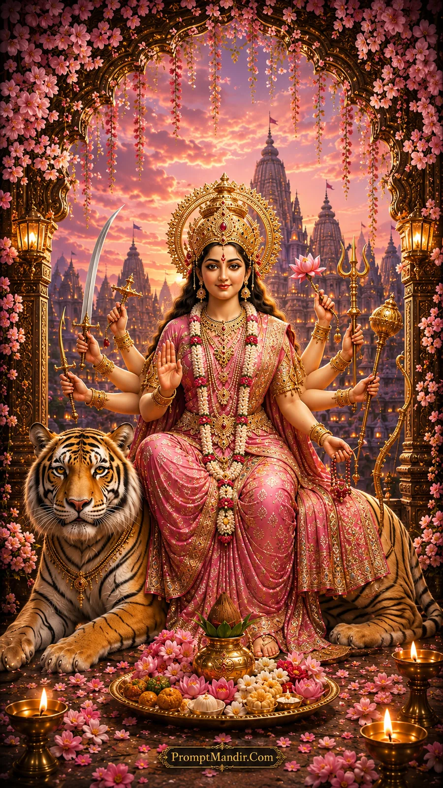 Goddess Durga seated on a tiger in a soft pink temple archway at sunrise, holding divine weapons and blessing devotees