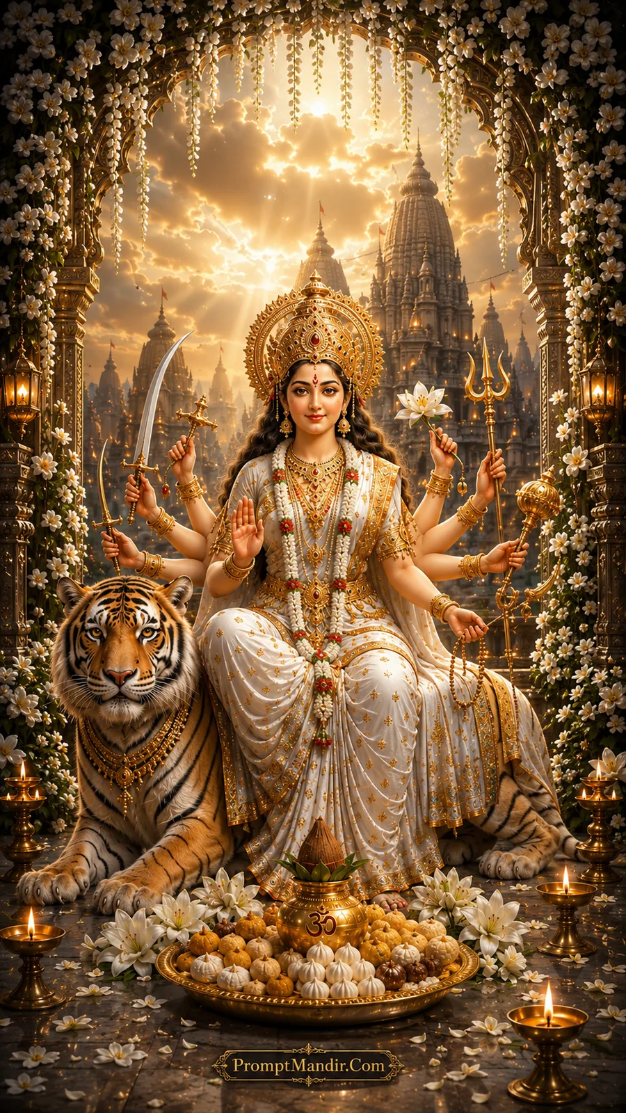 Goddess Durga seated on a tiger in a pristine white temple archway, holding a sword, trident, lotus, and offering blessings