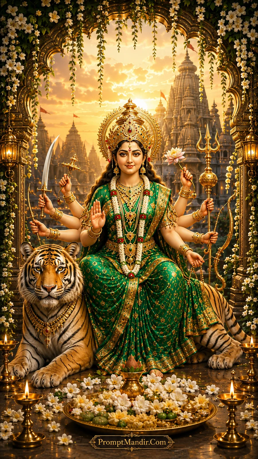Goddess Durga seated on a tiger in a rich emerald green temple archway, holding a sword, trident, lotus, and offering blessings